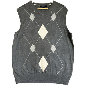 Argyle Sweater Vest Mens Medium Gray Cream 100% Cotton Preppy Trending Dad Golf